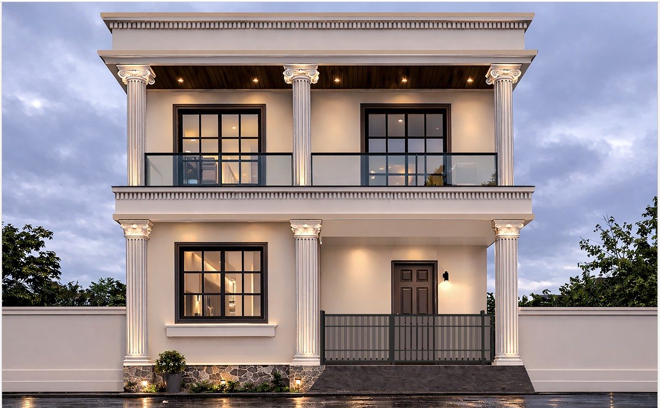 Architectural elevation design of the G+1 villa Legacy Homes is building in Navalur, Chennai